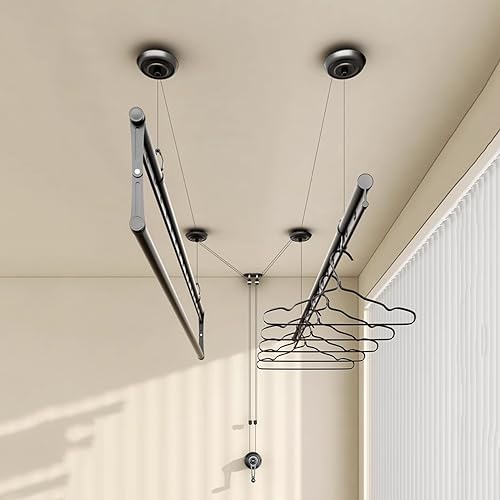 Stendibiancheria da soffitto - Sistema di carrucole a manovella Manuale con 3 aste di Sollevamento per Balcone, casa ed Esterni - Stendibiancheria efficiente (Colore A)