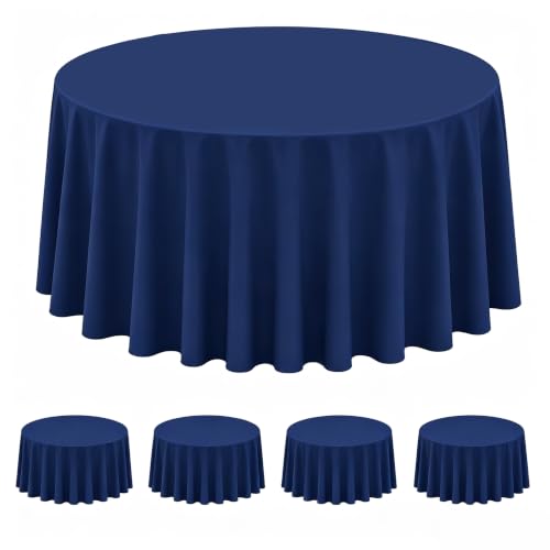 Image of WNINK 4 Pack Navy Blue Round Tablecloth, 84 Inch Disposable Plastic Table Covers, Navy Blue Round Table Cover for Birthday Parties, Holiday, Picnic, BBQ, Family Gathering Party Supplies