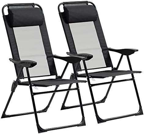Outsunny 2 Piece Folding Patio Chairs Set, Camping Chair Set of 2 with Adjustable Sling Back, Removable Headrest, Armrest for Garden, Backyard, Lawn, Black