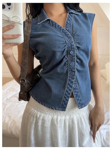 WDIRARA Women's Button Down Denim Vest Top Ruched Cap Sleeve Collar Jean Top4