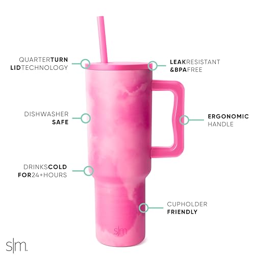 Image of Simple Modern 40 oz Trek Tumbler with Handle and Straw Lid | Cup Holder Friendly Insulated Stainless Steel Travel Mug | Pink Whimsical Tie Dye (Pack of 12)