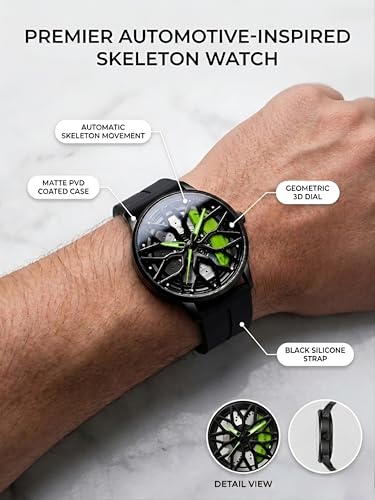 Image of Oculus Men's 3D Car Wheel Rotating Watch, Luxury Sport Quartz with Hollow Hub Dial, Magnetic Silicone Strap, Automotive-Inspired Design, Black Magnetic Straps