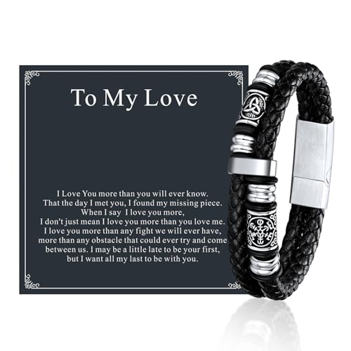 FaithHeart Viking Bracelet for Men, Mens Double-Row Braided Leather Bracelets with Stainless Steel Clasp Viking Compass Bangle Wristband Vintage Norse Mythology Jewelry Gifts for Men with Bo