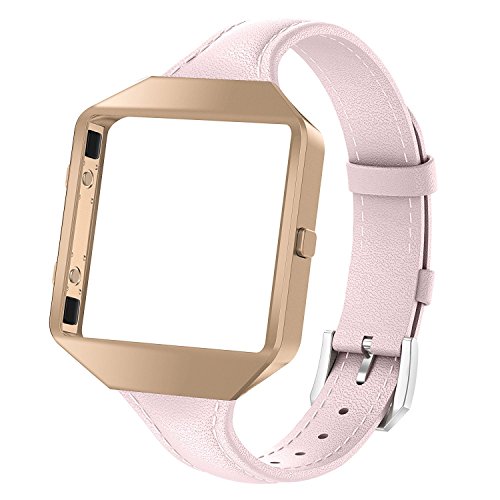 Wearlizer Compatible for with Fitbit Blaze Band Leather New Metal Frame Classic Genuine Leather Wristband Strap Accessory Fit bit Blaze Sleam Leather Band Pink