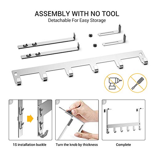 Luxear Perchero Puerta Baño sin Taladrar, Colgador Puerta Ajustable de Acero Inoxidable con 6 Ganchos, MAX 20KG, Percha Puerta para Dormitorio Baño Cocina, Puerta 1-5 cm