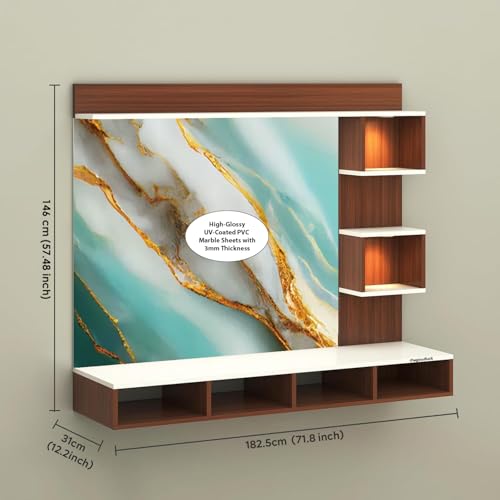 Image of TV Cabinet for Bedroom 32 inch to 65 Inches Engineered Wood TV Entertainment Unit Back Side 3mm UPVC Self Adhsive Waterproof Sheet and Lights (Sea Green-Blue, 32-65 Inches, Without Fitting)