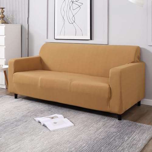 Image of HOKIPO Polyester Universal Stretchable 5 Seater (3+1+1) Sofa Cover Fully Covered, Sand Brown (NEW-4277-E5*2 + AR-4279-E5)