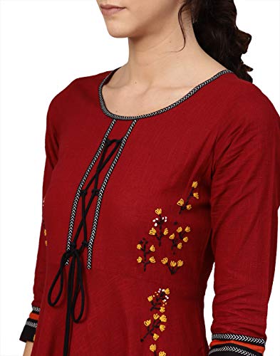 Image of Yash Gallery Womens Cotton Slub Regular Fit Embroidered Anarkali Kurta