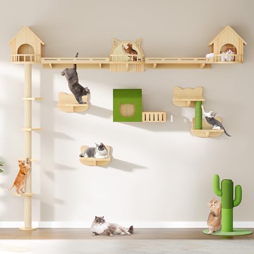 Image of DWVO Solid Wood Cat Wall Shelves and Perches, Tall Floor to Ceiling Cat Tower w Scratching Posts, Wall Mounted Cats Furniture Climbing Shelves for Large Cats w Houses, Steps, Runway, Scratching Board