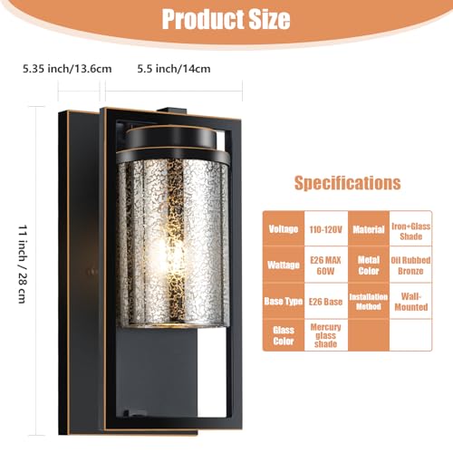 Image of Oil Rubbed Bronze Wall Sconce Wall Lighting 1-E26 Lights Bathroom Mercury Pressed Glass Wall Light Fixtures Indoor Vanity Lights Hallway Bedroom Basement Doorway Use