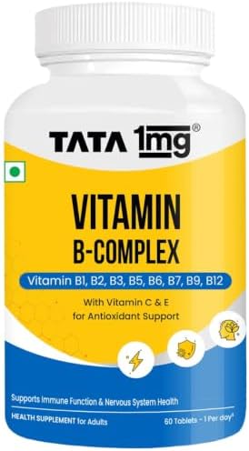 TATA 1mg Vitamin B Complex Capsules with 100% RDA for B1,B2,B3,B5,B6,Biotin, with Vitamin C and E, Helps Maintain Energy, Immunity and Skin Health, For Women & Men, Pack of 60 Vegetarian Capsules