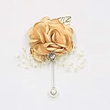 Abbie Home Classic Boutonnière for Prom Party Wedding Ball Event Blooming Rose Rhinestone Pearl Decent Brooch Pin for Suit Dress (Champagne)
