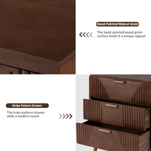 Image of HOMPUS 3-Drawer End Table, Brown 3 Drawer Nightatsand, Mid Century Wooden Bedside Table, Modern Nightstand with Vertical Stripe Pattern, Accent End Table for Living Room, Hallway, Entryway