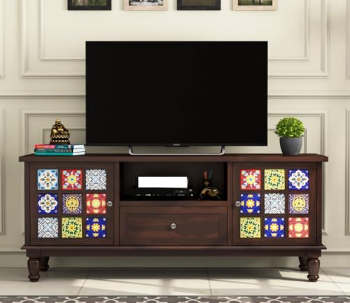Image of Premium Solid Sheesham Wood TV Unit with 1 Drawer, 3 Shelves, and 2-Door Storage - Accommodates up to 55-Inch TV - Ideal for Elegant Living Rooms (Sebastian, Walnut Finish)