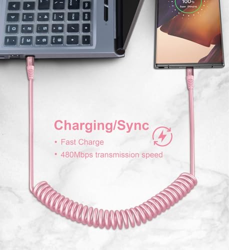 Image of USB C to C Cable 6FT, 2Pack Coiled USB C Fast Charging Cable for Car, CarPlay iPhone USB-C Cable /Android Auto USB C Cord, USB Type C Cable for iPhone 17 /16 /15 /Pro Max /Samsung Galaxy S23 and More-Pink