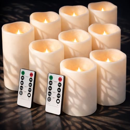 Enido Flameless Candles with Remote, 9 PC Outdoor Waterproof Battery Operated LED Pillar Candles, Flickering Electric Candles with Timer, 3' x 4' 5' 6' for Lantern, Patio, Wedding, Easter