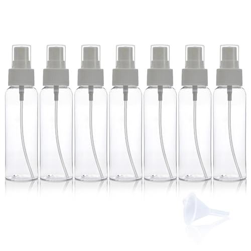 Fine Mist 7 sztuk 50 ml plastikowych butelek do wielokrotnego napełniania, mini butelki z rozpylaczem, przezroczysty plastikowy wakacyjny bot, podróżny (50 ml)