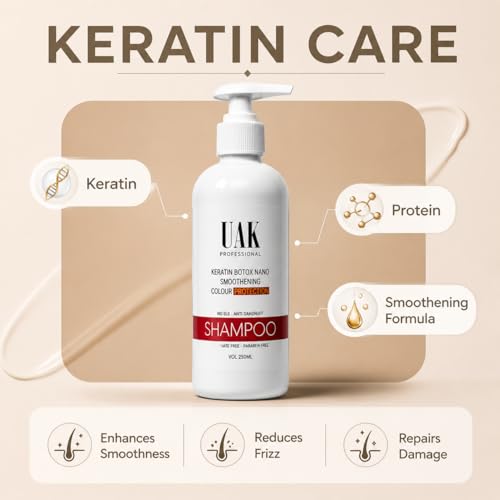 Image of UAK Professional Keratin Shampoo for Smooth & Frizz Control Hair | Salon Professional Hair Care | Helps Repair Dry & Damaged Hair | Color Safe | For Men & Women | 250 ml