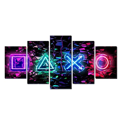 Colorful Neon Gaming Wall Décor 3D Cool Game Symbol Canvas Wall Art Prints For Game Room Playroom 5 Pieces Funny Video Game Painting Pictures Artwork 40"W X 20"H #TOP6