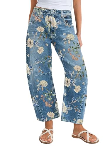 Flamingals Barrel Jeans for Women Trendy Mid Rise Floral Printed Cropped Jeans Relax Fit Stretch Denim Ankle Pants Light Blue L