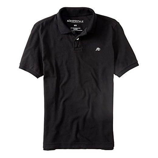 AEROPOSTALE Men's Solid Uniform Logo Polo Shirt Medium Black 001a