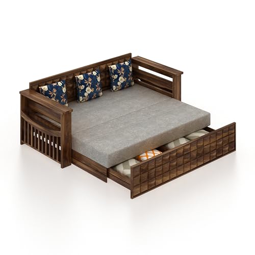 Image of Ganpati Arts Solid Sheesham Wood Diamond 3 Seater Sofa Cum Bed with Storage and Side Pockets for Living Room Wooden Furniture Sofa Bed for Home - Teak Finish 1 Year Warranty