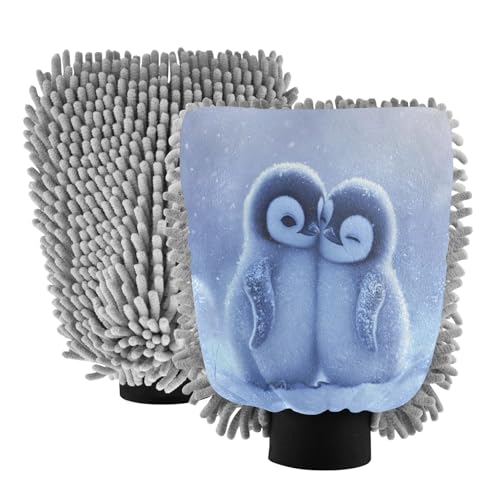 STAYTOP Two Cute Snow Penguins Car Wash Mitt Microfiber, 2Pcs Scratch Free Lint-Free, Premium Chenille Microfiber Mitt Car Wash Brush-L