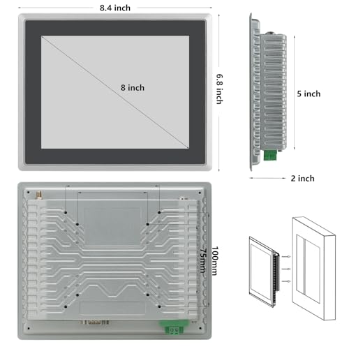 Image of 8 inch Industrial Embedded Touchscreen Monitor, Capacitive Multi-Touch Screen Industrial Front IP65 Monitor Built-in Speakers, HD-MI in, USB, VGA, 16:9 1024x768 Display