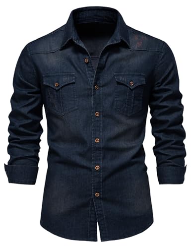 Kissonic Mens Denim Shirt Long Sleeve Slim Fit Jean Shirt for Men Button Down Causal Striped Denim Shirts