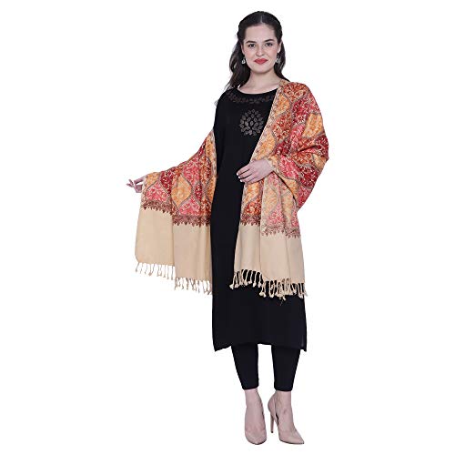 سوي وذ ليبل شال صوف كشميري عاري مطرز للنساء، بيج، مقاس واحد