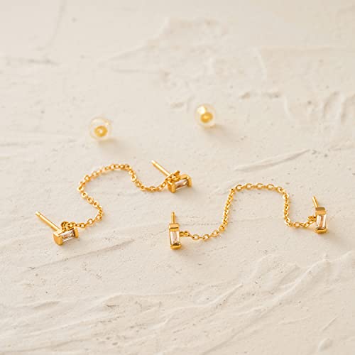 Myears Women Double Piercing Earrings Gold Stud Chain Ear Connected Baguette Diamond Cubic Zirconia 14K Gold Filled Small Simple Handmade Hypoallergenic Everyday Jewelry #TOP4