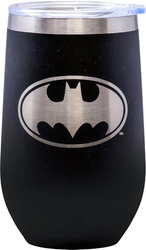 Spoontiques Batman Etched Stainless Steel Tumbler - Insulated Tumbler with Lid - Double Wall Stainless Steel Stemless Glass - 16oz - 5 5/8" Tall