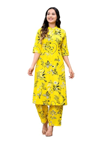 Women Kurta Pant Set | Yellow Floral Print Calf Length Round Neck, Elbow Sleeves | Coord Set, Cotton Fabric, Regular-image-24