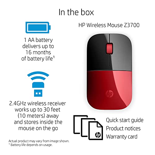 Hp Z3700 Red 2.4 Ghz Usb Slim Wireless Mouse With Blue Led 1200 Dpi Optical Sensor, Up To 16 Months Battery Life #TOP5