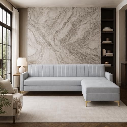 Image of SOCOZI Morello 4 Seater L Shape Sofa Set with Movable Ottoman | Flexible Left or Right Layout | Soft Velvet Suede Fabric | Modern Design | Plush Comfort Cushions for Living Room (Light Grey)