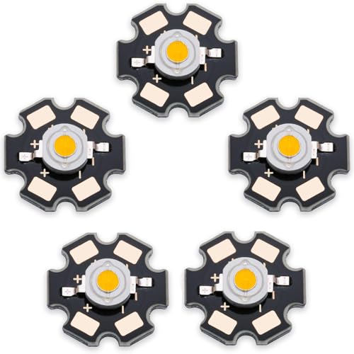 LEDGUHON 3W White LED Chip,5PCS High Power SMD COB Light Emitting Diode with Aluminum Plate 20mm Star PCB Base Heat Sink Repair Lamps Bulbs Floodlight DIY Lighting (700mA,3.0-3.4V,140deg,6000-7000K)