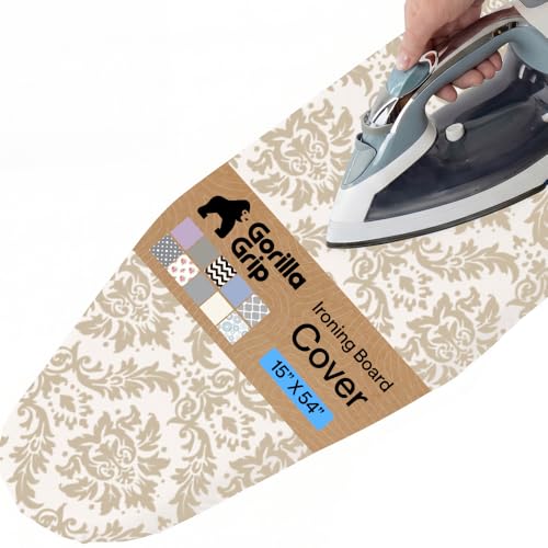 Image of GORILLA GRIP The Original Ironing Board Cover and Pad, Silicone Coating, 400F Scorch Resistant Thick Padding, Heavy Duty Iron Covers Standard Boards, Hook and Loop Fastener Strap, Damask 15x54