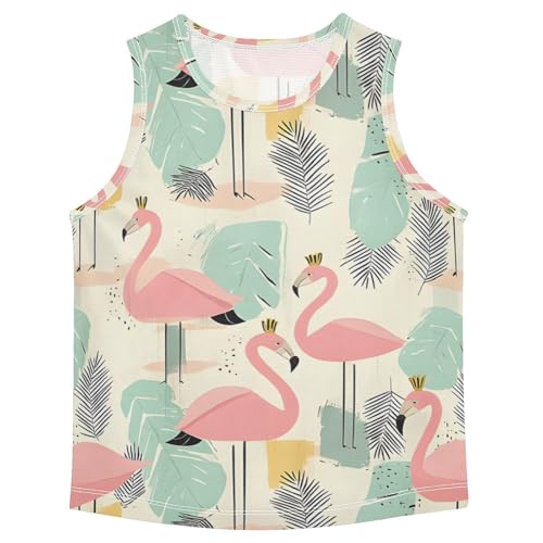 Bolaz Boys Athletic Quick Dry Tank Top Sleeveless Workout T Shirts Age 11-15,Pink Flamingo Monstera Deliciosa Pattern