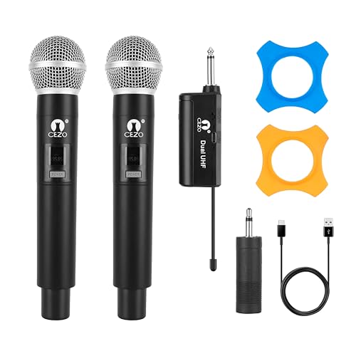 Image of CEZO Wireless Microphone Dual UHF Dynamic Handheld Wireless Microphone System for iPhone, Computer, Karaoke, Conference, DJ, Vocal Recording, Singing, Church, on Stage Performance, Party Events