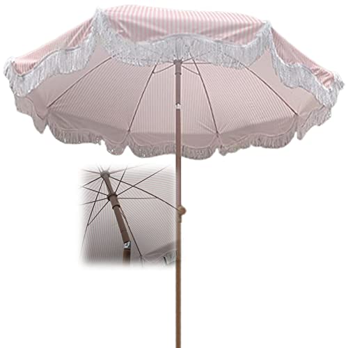 Parasol de playa con borlas inclinable para tardes de sol en la piscina