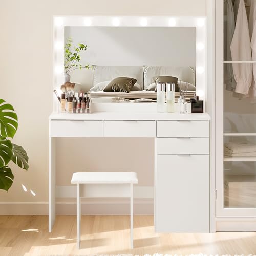 TUKAILAi White Large Dressing Table Set with Hollywood 12 LED Lights Mirror and Cushioned Stool, Vanity Desk Set Makeup Table with 4 Drawers and Storage Unit Dresser for Bedroom Girls Women