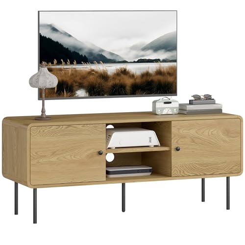 HOMCOM Meuble TV 120 cm, Support TV pour Téléviseur jusqu'à 55 Pouces avec Coins Arrondis, Passe-câbles, 2 Compartiments Ouverts, Pieds en Acier, Banc TV Moderne...