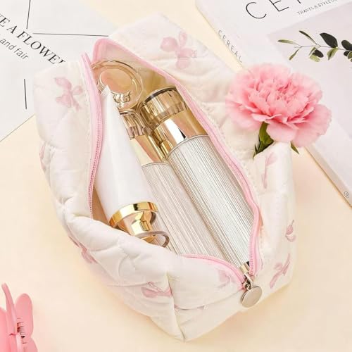 Image of Floral Quilted Makeup Bag - Cosmetic and Skincare Product Pouch, Fashionable Travel Puffy Coquette Makeup Bag, Small Cute Attractive, Bow, Modern
