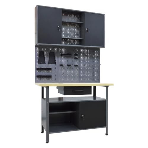 Image of Metal Heavy Duty Cabinet Workbench Set System, Included Pegboard Wall Cabinets Wood Table Top, for Garage Auto Repair Shops, Utility Room