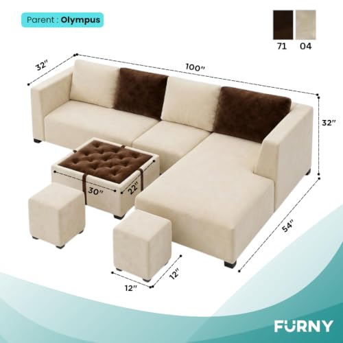 Image of FURNY Olympus 8 Seater RHS L Shape Sofa Set | Plush Velvet Suede Fabric | Modern Design | Soft Comfort Dual Color Cushions for Living Room, Office & Hotels (Cream-Dark Brown)