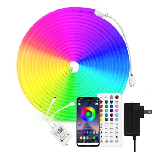iNextStation RGB Neon LED Strip Lights, 16.4 FT Color Changing Flexible Rope Lights with Power Adapter, Control with APP & Remote, IP65 Waterproof, Music Sync Neon Light Strip for Bedroom Party Decor