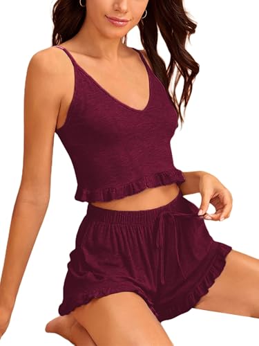 Image of Avanova Women Sexy 2 Piece Pajama Set Ruffle Trim Cami Top and Shorts Sleepwear Set