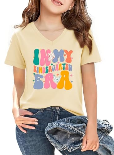 Girl's V-Neck Graphic Tees Casual Cute Short Sleeve Summer Fall Basic T-Shirt Tops 5-14 Years Boys