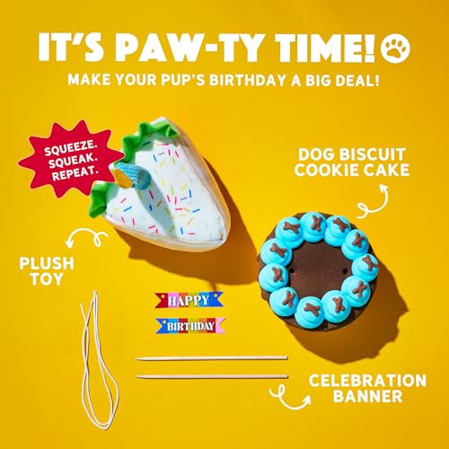 Image of Thoughtfully Pets Dog Birthday Cake and Plush Toy Set, Mini Cookie Cake Treat with Birthday Banner Decoration, Puppy Party Celebration Gift, Hand Decorated Hollow Biscuit Treat for Dogs