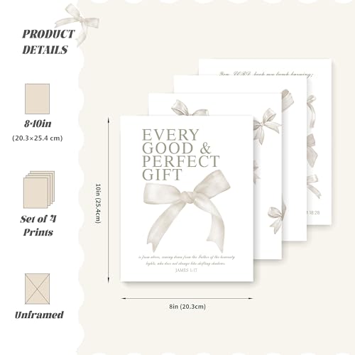 Image of LARTSFRO Coquette Beige Bow Christian Wall Art Decor Posters, Beige Bow Christian Room Bedroom Bathroom Dorm Wall Art Decor Aesthetic for Women College Teen Girls Gifts, Inspirational Bible Verses Bow Wall Decor, 10x8 Inch Set of 4 Pcs Bow Pictures (UNFRAMED)